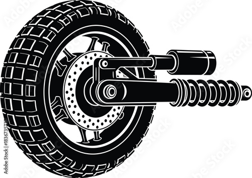 Motorcycle Rear Wheel Suspension System with Disc Brake, Shock Absorber, Swingarm, Exhaust Pipe – Technical Engineering Vector Illustration