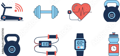 Smart fitness icons set featuring treadmill, smartwatch, kettlebell, heart monitor, hydration tracker, jump rope, barbell, and wellness symbols.