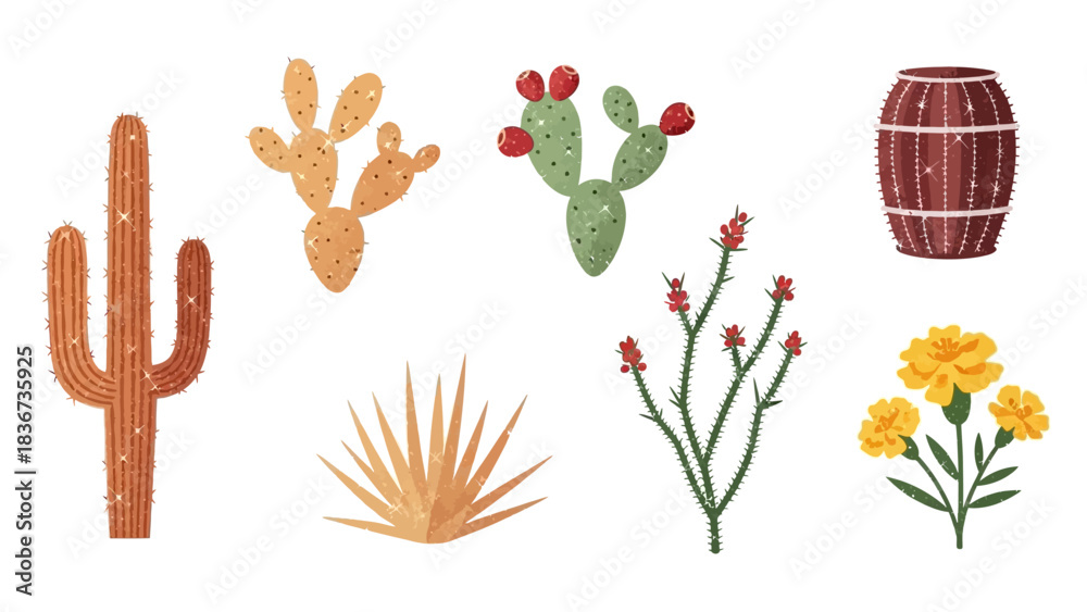 Fototapeta premium A diverse collection of vibrant desert flora showcasing iconic cacti and wildflowers in bloom