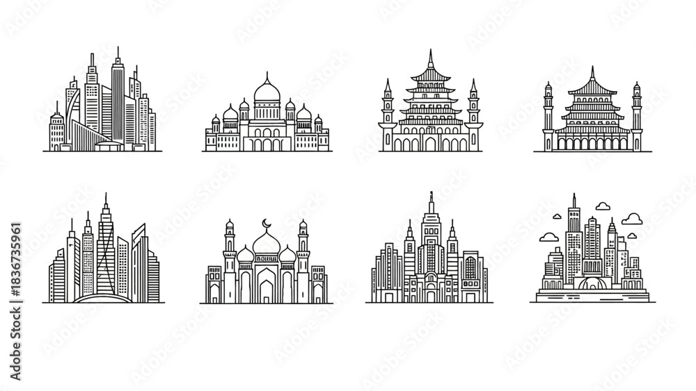 Fototapeta premium Architectural landmarks from around the world in vector line art style depiction