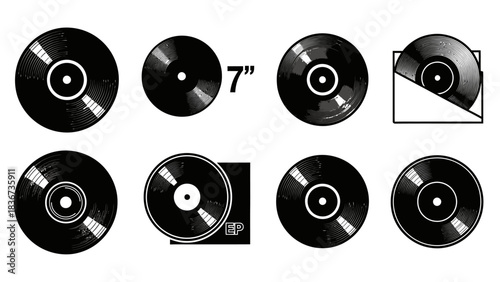 A Collection of Vintage Vinyl Records in Black and White vector graphics illustration