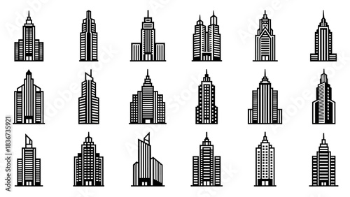A diverse collection of minimalist skyscraper icons for urban design projects and concepts