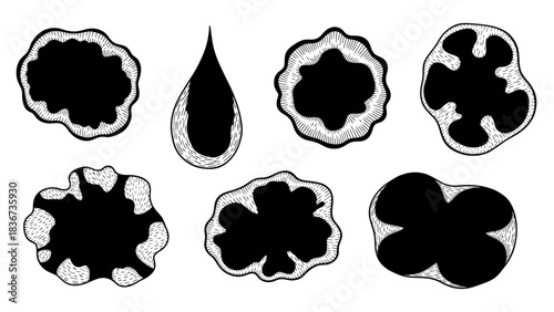 Abstract black ink spots with hand-drawn sketch style, unique shapes and droplet illustration