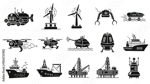 Black and White Future Technology Vector Icon Set Exploring Innovative Transportation Solutions