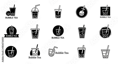 Collection of black and white bubble tea logo designs for branding and menu creation