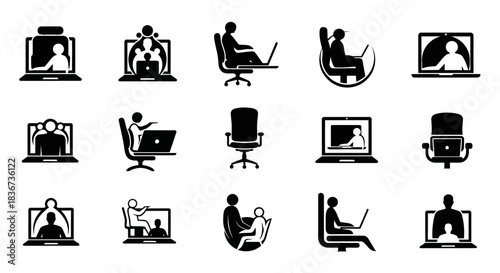 Collection of black and white silhouette illustrations depicting remote work and online