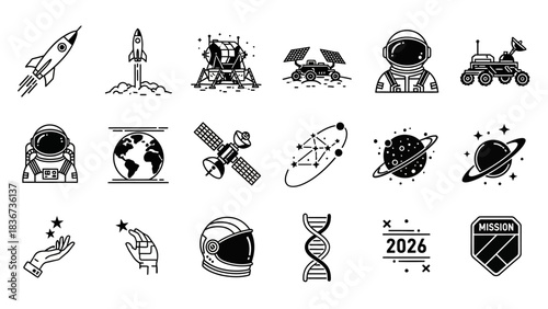 Collection of black and white space exploration icons representing futuristic endeavors
