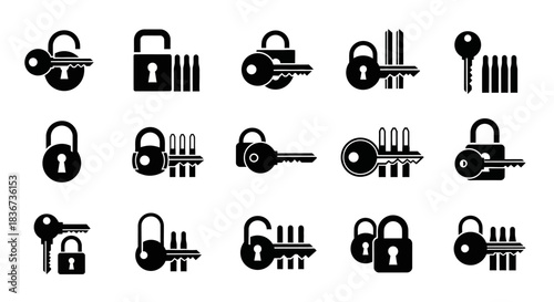 Collection of Black Silhouette Padlocks and Keys Icons Set on White Background Security Concepts