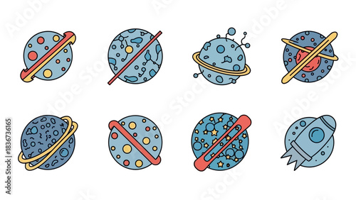 Collection of cartoon planet icons perfect for space exploration and educational material