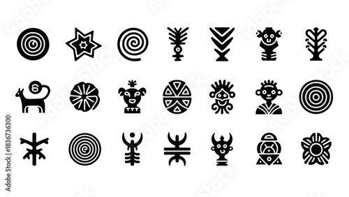Collection of diverse black glyph icons representing cultural symbols and motifs