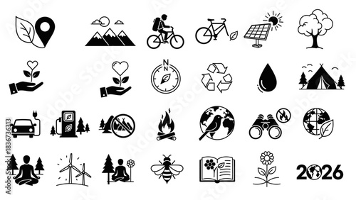 Collection of ecology and nature conservation icons depicting environmental awareness and