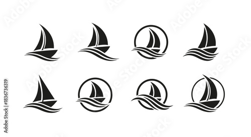 Collection of Eight Black and White Nautical Sailing Ship Logos for Branding