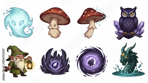 Collection of fantasy creatures and elements for game design and illustration concept