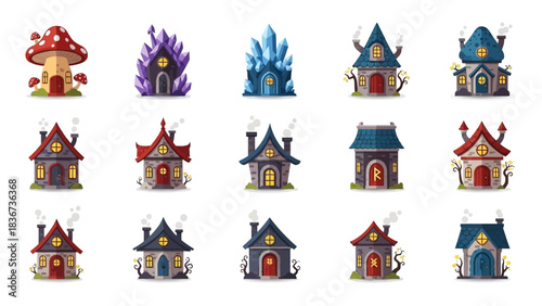 Collection of fantasy house illustrations, enchanting dwellings for storybooks and games