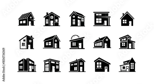 Collection of Fifteen Distinct Black and White House Icons Representing Diverse Architectural Styles
