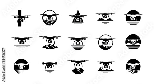 Collection of fifteen distinctive drone logo concepts in minimalist black and white style