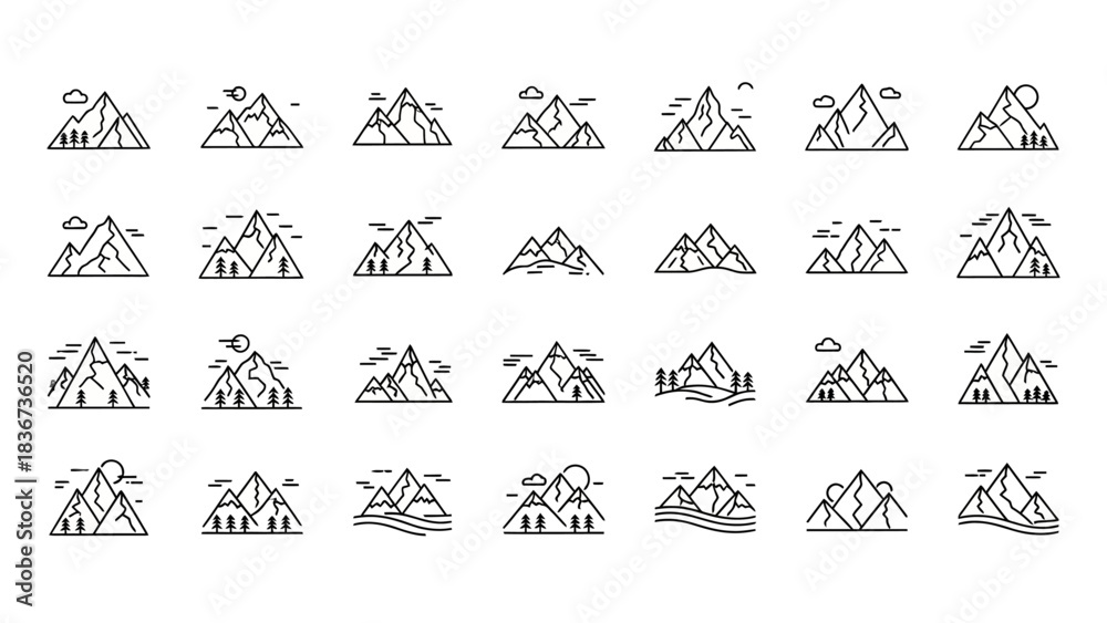 Fototapeta premium Collection of minimalist mountain landscape line art icons for outdoor adventure designs