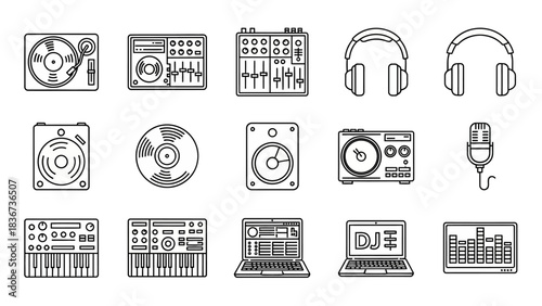 Collection of Minimalist Line Art Icons Representing DJing and Music Production Equipment