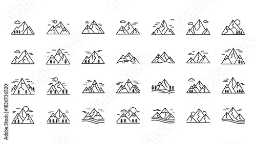 Collection of minimalist mountain landscape line art icons for outdoor adventure designs