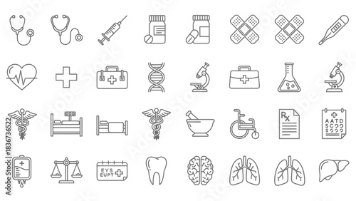 Collection of minimalist outline icons representing medical and healthcare related concepts