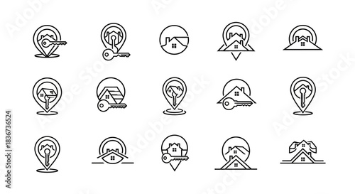 Collection of Minimalist Real Estate Logo Designs Featuring Houses and Keys in Black and White
