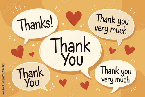 A warm illustration featuring various speech bubbles expressing gratitude with "Thank You" messages and red hearts on an orange background.