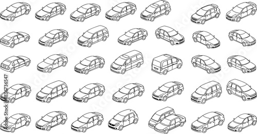 isometric car icons, vehicle outline set, sedan hatchback suv van, automotive blueprint, transport illustration, urban mobility, fleet design