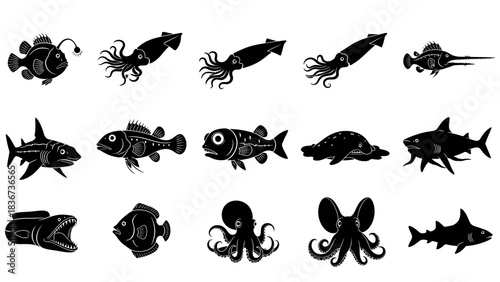 Collection of monochrome vector illustrations featuring various sea creatures in silhouette form