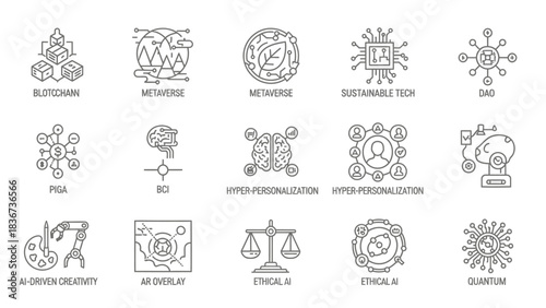 Collection of modern technology innovation icons including blockchain and metaverse concepts