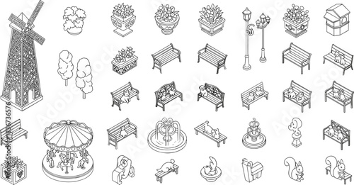 isometric park elements, vector outdoor icons, windmill, benches, carousel, trees, fountain, street lamps, sculptures, flower pots, squirrels, cats