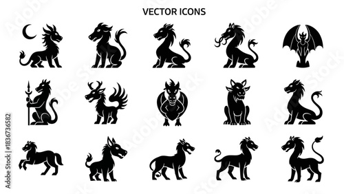 Collection of Mythical Creatures Vector Icons in Black Silhouette Style isolated