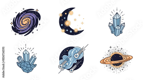 Collection of mystic and celestial vector illustrations featuring space elements and gemstones