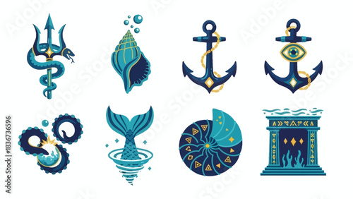 Collection of nautical emblems and sea-themed vector icons for marine design projects