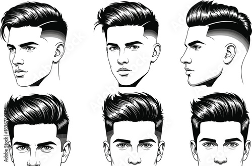 male hairstyle illustration, modern haircut design, comic style head, fade haircut reference, hair texture art, character design asset