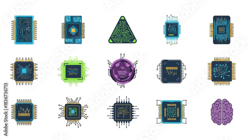 Collection of stylized microchips and artificial intelligence brain icons illustrating modern
