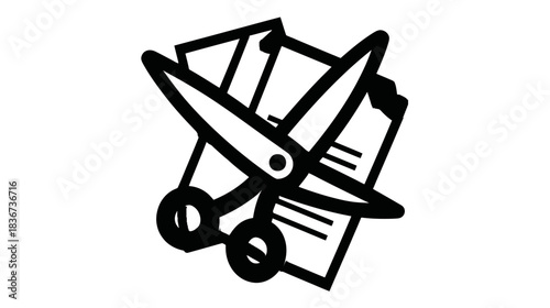 Black and white icon of scissors cutting paper, symbolizing editing, trimming, crafts, or document alteration.