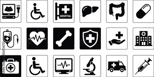 Medical icons, healthcare symbols, hospital equipment, diagnostic tools, emergency services, patient care, medical devices, treatment icons, clinical symbols, health graphics