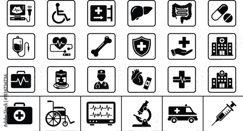 Medical icons, healthcare symbols, hospital equipment, doctor tools, emergency services, anatomy illustrations, clinical devices, patient care, diagnostics, treatment