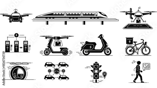 Collection of vector icons representing modern transportation and smart city infrastructure