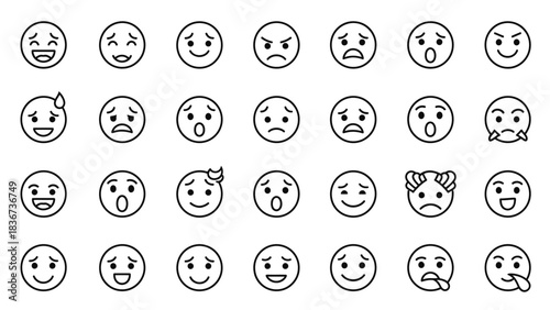 Collection of various outline emoticon designs conveying different emotions and moods
