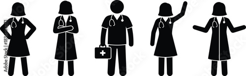 Medical professionals silhouette, healthcare workers icon, diverse doctors illustration, stethoscope figures, hospital staff graphic, nurse and doctor clipart