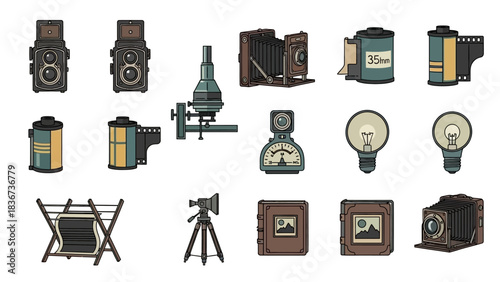 Collection of vintage photography equipment illustrations showcases retro aesthetic and history