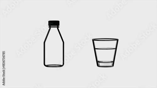 Minimalist black and white icon illustration of an empty bottle and a glass of refreshing water. Hydration and drink concept.