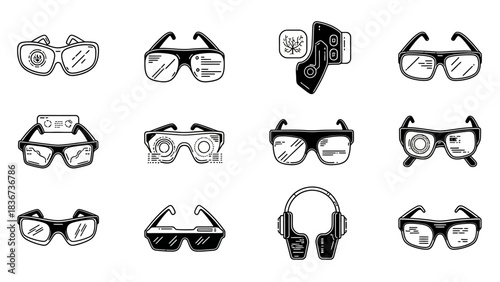 Collection of virtual reality headset icons showcasing futuristic and immersive technology