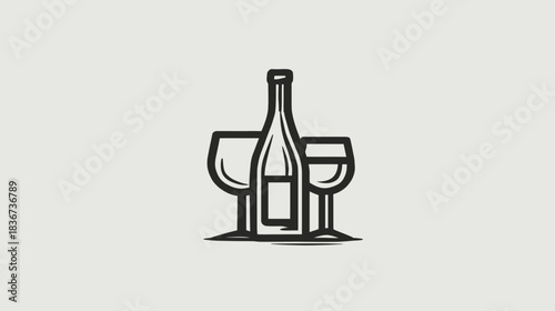 Minimalist Line Art Illustration of an Alcoholic Beverage Bottle and Two Glasses. Simple Outline Icon for Drink Menu or Bar.