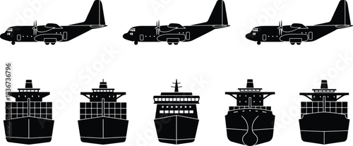 Military aircraft silhouettes, cargo ships front view, cruise liner, transportation vehicles, air and sea logistics, travel concept, global shipping, aviation