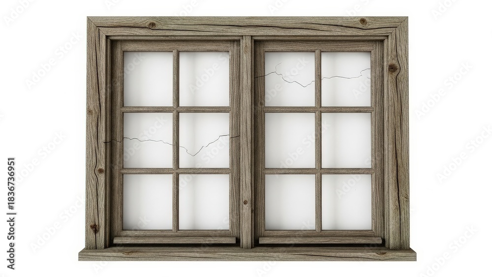 Fototapeta premium Old weathered window with multi pane glass on a white background