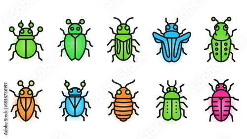 Colorful Beetle Collection: Diverse Shapes and Sizes in a Playful Arrangement of Bugs