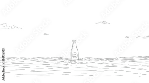 Black and White Line Art Drawing of a Bottle Floating on Water with Clouds and Waves, Simple Hand-Drawn Sketch