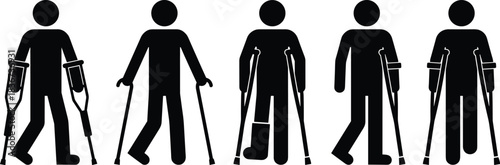 Mobility aid silhouettes, crutches, cane, disability support, rehabilitation icons, walking assistance, injury recovery, accessible movement, medical equipment, vector illustration